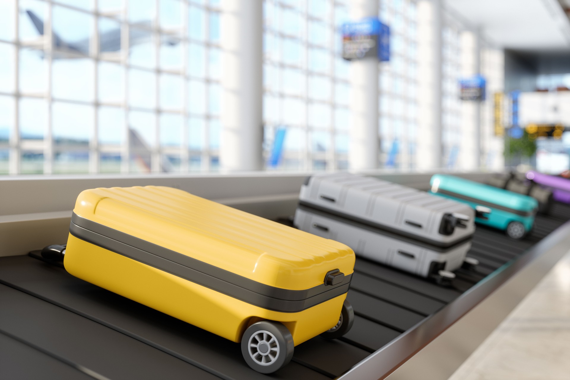 Close-up Of Luggages On Conveyor Belt In Airport With Blurred Background